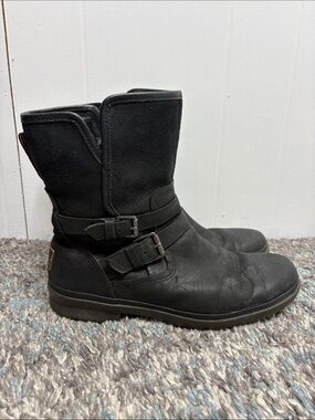 UGG Boots Womens 10 Zip Mid Buckles Mixed Media Leather Comfort Fleece Lined